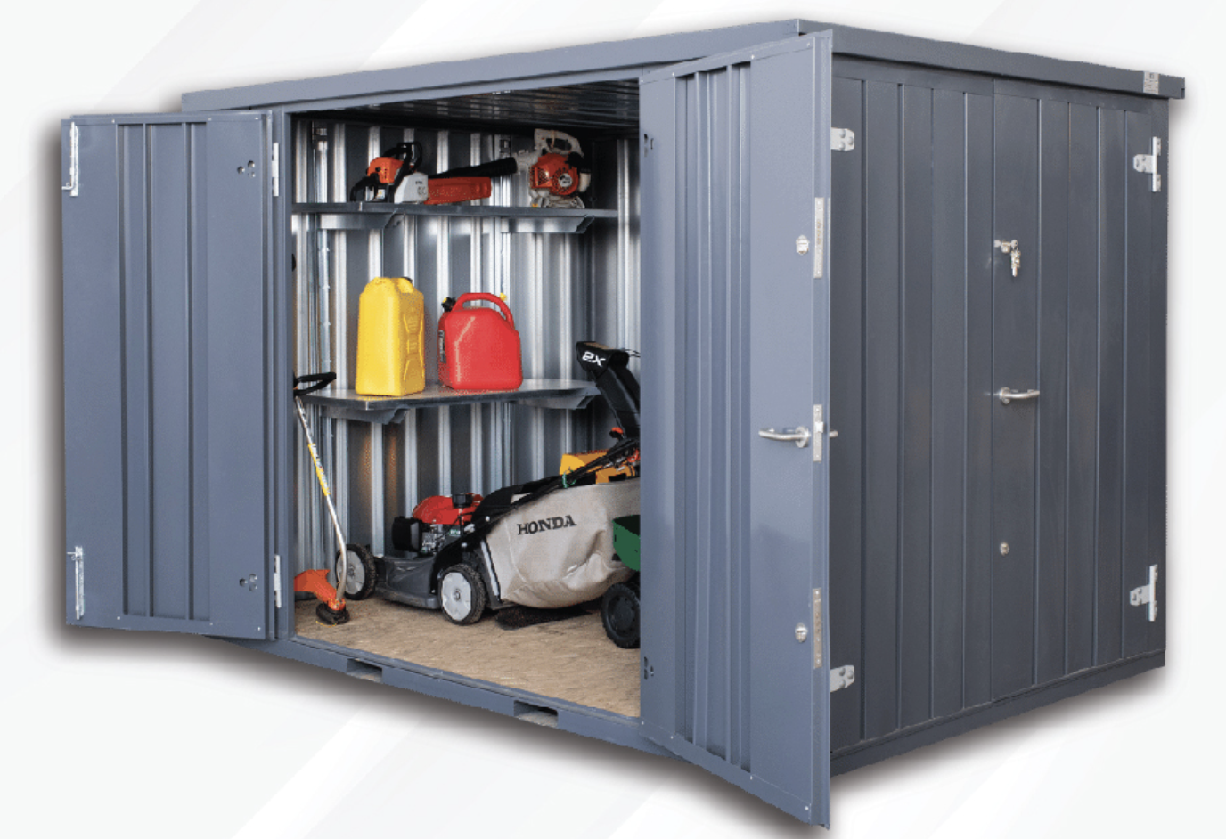 Flatbox open-door storage unit with tools and equipment inside